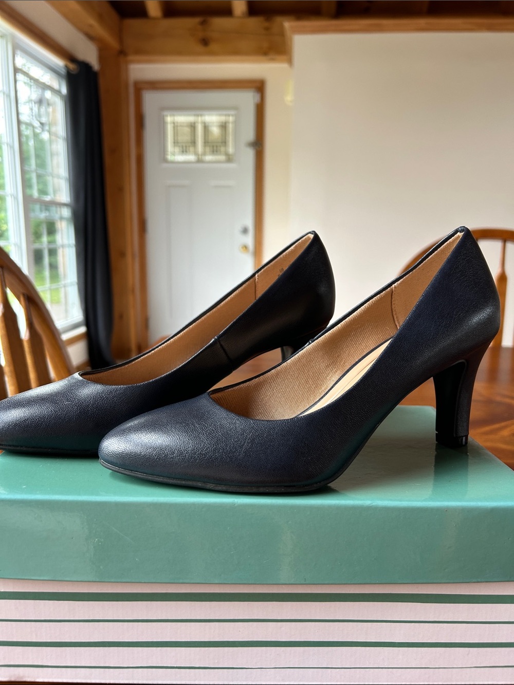 Abella Navy Mid Heel Round Toe Pumps